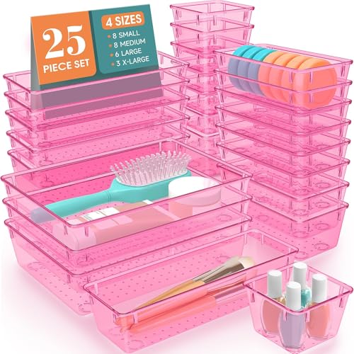 SpaceHacks 25 PCS Plastic Drawer Organizer Set, 4-Size Versatile Organizer Trays & storage Bins for Makeup, Jewelry, and Gadgets in Bathroom, Bedroom and Office, Clear Pink - color: Clear Pink