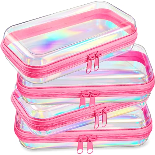 Hoolerry 4 Pcs Hard Clear Zipper Case Makeup Bags Plastic Zipper Pouch Transparent Storage Box Containers for Cosmetics, Snacks, Building Blocks, Puzzles(Clear,7.5 x 3.9 x 2 in,Pink Laser) - color: Pink Laser, size: 7.5 x 3.9 x 2 in