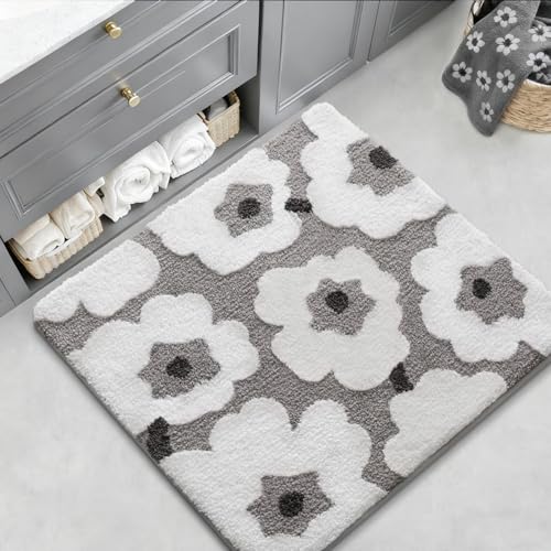 LUMI Floral Bath Mat, Soft Absorbent Square Bath Rug, Non-Slip Quick Dry Luxury Rug, Machine Washable Rugs for Bathroom Floor, Bathtub, Living Room, Home Decor, White Grey, 32"x32" - color: A-flower White, size: 32"x32"(Square)