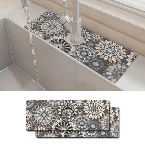 2PCS 15" X 5.5" Kitchen Sink Splash Guard Faucet Mat Mandala Super Absorbent Fast Drying Faucet Guard & Draining Mat Sink Splash Guard Behind Faucet for Kitchen, Bathroom - size: 15" x 5.5"（2pcs）