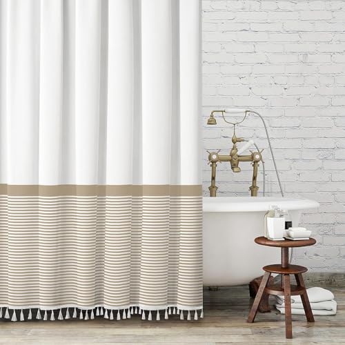 Seasonwood Extra Long 84 Inch Tall Shower Curtain Beige and White Striped Shower Curtain with Tassels Water Repellent, Wrinkle Free - color: Beige and White, size: 72"W x 84"L (Pack of 1)