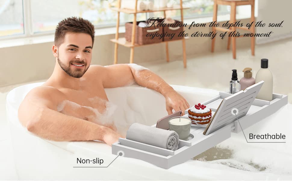 Zhuoyue Bamboo Bathtub Tray, Expandable Premium Bath Tray for Luxury Bathroom, Adjustable Bath Accessories for Tub with Soap Towel Book Holder, Extendable 29.5-43.3" White - color: White