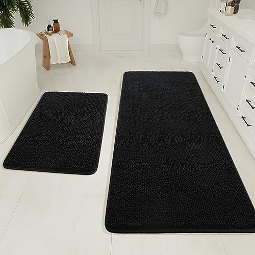LOCHAS Bathroom Rugs Sets 2 Piece, 20 x 32 Plus 24 x 60 Inches Thick Non Slip Bath Rug Set, Absorbent Soft Chenille Bath Rug, Machine Washable Quick Dry Bath Mat for Bathroom Floor, Black - color: Black, size: 2' x 5' (Rectangular)