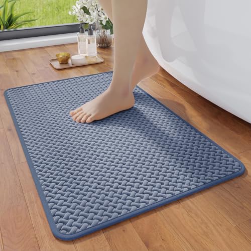 YDKGL Bathroom Rugs Non Slip, Super Absorbent Quick Dry Bath Mats for Bathroom, Foam Weave Texture Thin Bath Rugs Washable with Rubber Backing Fit Under Door Outside Shower,20" x 31“ - color: Blue, size: 20” X 31“