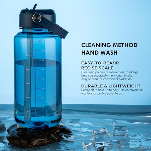 OLDLEY 32oz Water Bottle with Straw,Leakproof Tritan Clear Bottle with Marked Bottle and Carry Handle, BPA-Free Wide Mouth Reusable Sports Bottle for Gym,Hiking,Camping,Travel,Workout,Deep Navy - color: Deep Navy