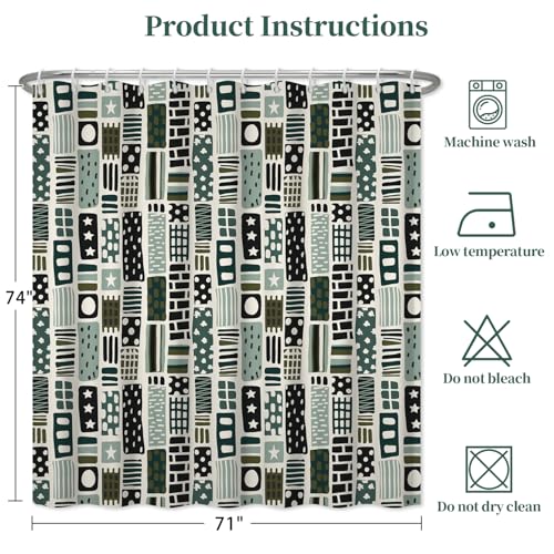 Fabric Shower Curtain with Hooks, Waterproof & Washable Polyester, Boho Green Checkered Geometric Shower Curtains for Bathroom, Neutral Modern Abstract Pattern Bathroom Curtain, 71x74 Inch - color: Green Abstract Geometric