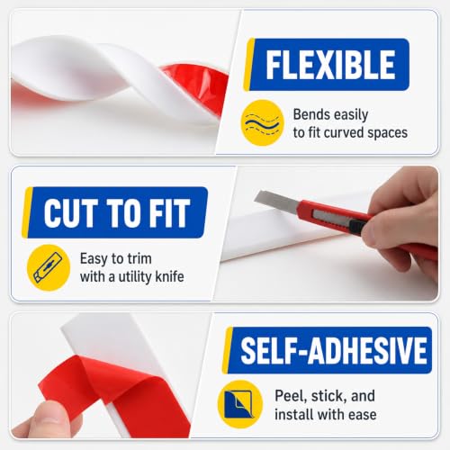Shower Threshold Water Dam Barrier, 1.2 x 0.55 in, White | Flexible silicone water barrier for showers, sinks, and countertops; choose the size, height, and color that fits your space. - color: White, style: 0.55in x 98in