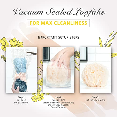 Spongentle Shower Loofah Bath Sponge, Body Scrubber with Soft Mesh, Exfoliating Bath Pouf and Body Wash Sponge for Women and Men, Bath Accessories Cleaning Tool, Large 70g 3 Pack - style: Coastal Beige & Blue