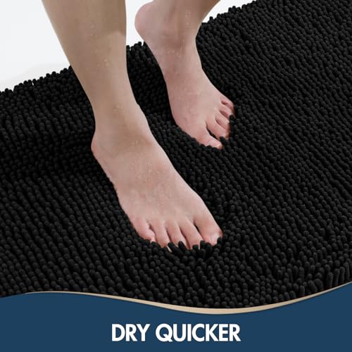 TREETONE Bathroom Rugs Sets, Thick Soft Absorbent 3 Piece Chenille Bath Rugs, Non-Slip, Dry Quickly, Machine Washable, Shaggy Mats with U-Shaped Toilet Rug for Bathroom Floor, Tub and Shower, Black - color: Black, size: 16"x24"+20"x32"+U Shape 20"x20"
