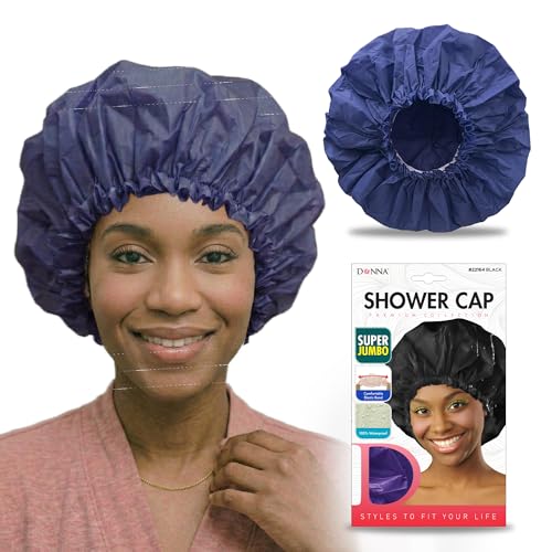 DONNA Super Jumbo Shower Cap – Comfortable Elastic Band, 100% Waterproof Hair Cap for Long Hair, Braids & Thick Styles, Reusable Big Shower Cap for Women, Keeps Hair Dry & Protected, NAVY - color: NAVY