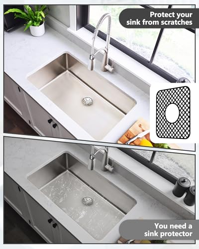 2 Pack Silicone Sink Protector for Kitchen Sink, Trellis Pattern 12 x 11" Sink Grid Mat Silicone Protectors, Center Drain, Black - color: Black