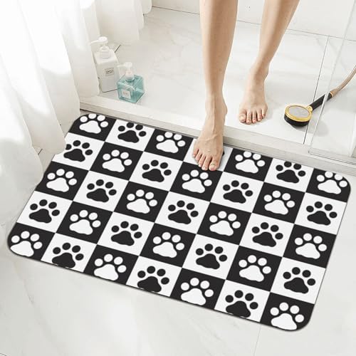 Black and White Dog Paws Bath Mat Rugs 15.7x23.6 in, Pet Footprints Checkered Diatomaceous Earth Bathroom Rug Rubber Non-Slip Absorbent Bathroom Mat for Tub Shower Sink - color: Paws #02