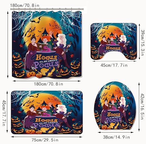 4Pcs Halloween Shower Curtain Set Hocus Pocus Witch Shower Curtain for Halloween Bathroom Decor with Anti-Slip Waterproof Bathtub Bathroom Rugs Toilet Lid Cover, 12 Hooks (Witch)