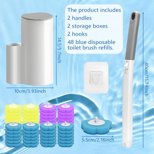 2 Pack Disposable Toilet Brush and Holder Set, Disposable Toilet Cleaning System Extended Handle with 48 Toilet Wand Refills, Toilet Brush for Toilet Bowl Cleaners, Bathroom Cleaning, Bathtub - size: 2 set gray and white + 48 refills