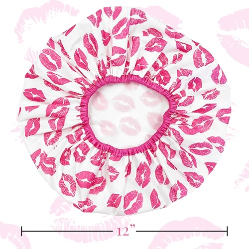 Reusable Shower & Bath Cap & Lined, Oversized Waterproof Shower Caps Large Designed for all Hair Lengths with PEVA Lining & Elastic Band Stretch Hem Hair Hat - Fashionista Showered With Kisses - color: Showered With Kisses