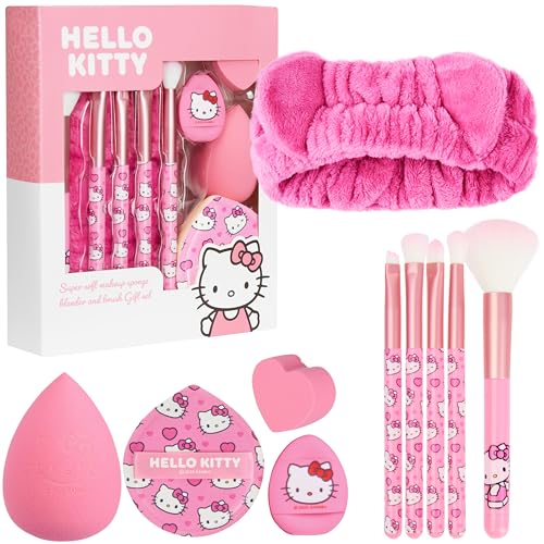 Get Trend Hello Kitty Sanrio Makeup Brush Sponge Set for Girls, Teens with Headband Powder Puffs Soft Brushes Beauty Sponges, Kawaii Gifts for Girls (Pink Hello Kitty) - color: Pink Hello Kitty
