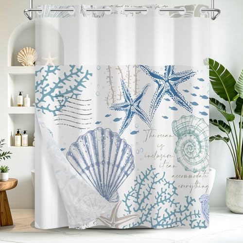 No Hook Shower Curtain with Snap in Liner, Waterproof Ocean Shower Curtain with Mesh Top Window and Weighted Hem, Coastal Underwater Seascape Summer Shower Curtains for Bathroom, 71"W x 74"L - color: Underwater Ocean