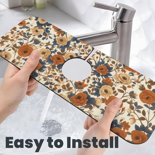 Faucet Draining Mat For Kitchen Sink, Peony Flower Blue Leaves Diatom Mud Absorbent Drain Pad For Bathroom Kitchen Sink Splash Guard Drying Mat - color: Peony Flower Blue Leaves