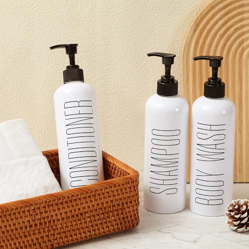 HOMCDALY Shampoo and Conditioner Dispenser, 16oz 3-Pack Refillable Pump Bottles, Shampoo Conditioner Body Wash Dispensers Bottles, Bathroom Shampoo Dispenser Set(White - color: White&black Pump