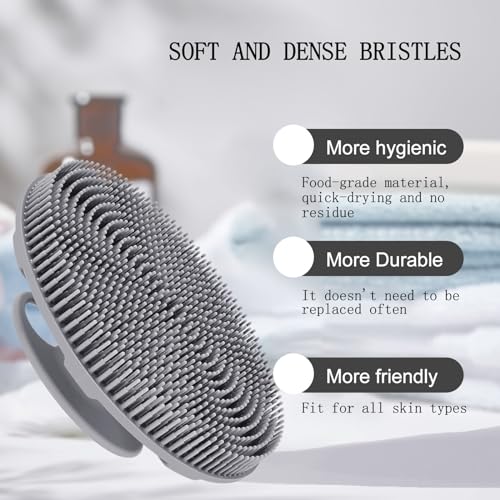 INNERNEED Food-Grade Soft Silicone Body Scrubber Shower Brush Handheld Cleansing Skin Brush, Gentle Exfoliating and Lather Well (Gray) - color: Gray