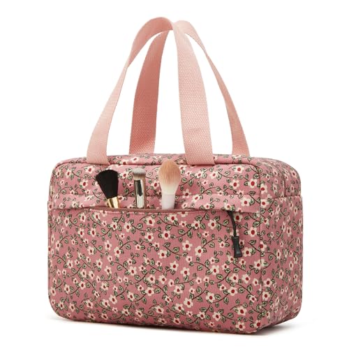 Large Makeup Bag for Women Corduroy Cosmetic bag Make up Bags Zipper Pouch with handle Cosmetic Organizer Toiletry Bag for Travel Storage - color: 28-Sunflower Pink