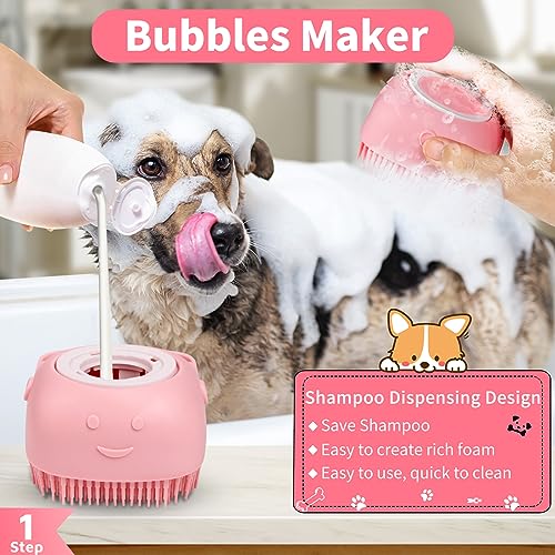 Comotech 6PCS Dog Bath Brush & Dog Toothbrush | Adjustable Handle Shampoo Brush & Scrubber for Short & Long Haired Dogs & Cats | Effectively Solve Odor & Stain Removal Problems (Pink Red Pink) - color: Pink Red Pink