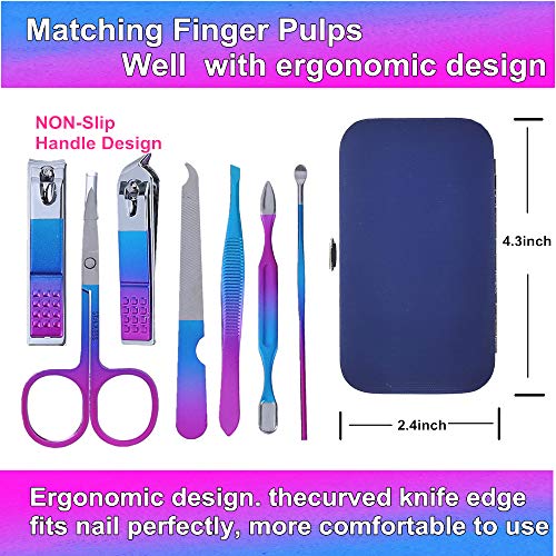 QURIPE 7pcs Manicure Set, Nail Clippers Kit, Stainless Steel Manicure Kit, Nail Clipping Tools Portable Travel Grooming Kit, The Best Gift with Luxurious Case(Multicolor) - color: Rainbow