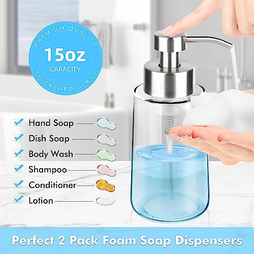 2 Pack Glass Foam Soap Dispenser Set, 15 Oz Rust-Proof Stainless Steel Pump, with Waterproof Labels for Kitchen & Bathroom Countertop, Hand and Dish Soap - color: 2 Pcs With Label