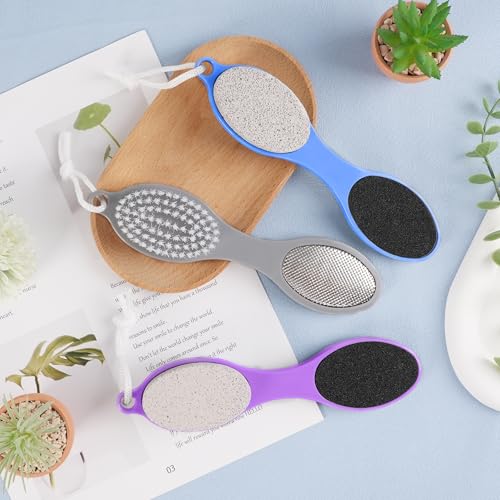 3 Pcs 4 in 1 Foot Brush for Use in Shower with Pumice Stone, Foot Rasp and Sandpaper, Foot Scrubber Brush for Feet, Dead Skin Remover for Foot Care (3 Colors) - style: 3 Purple Gray Blue Foot Brush