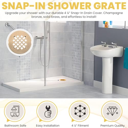 4 ¼” Champagne Bronze Snap-in Shower Drain Cover - New Brass Replacement - 4.25" OD Shower Drain Strainer - Easy Install - Premium Round Shower Drain Cover - Solid Brass Construction - color: Champagne Bronze