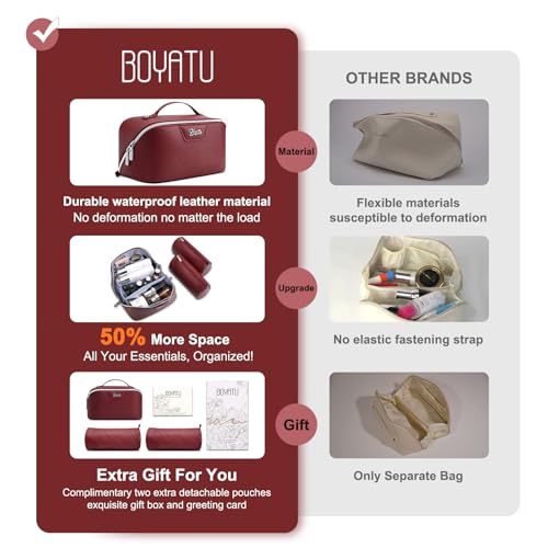 BOYATU Travel Makeup Bag Cosmetic Bags for Women: Large Capacity 3 Pcs Set Make up Bag with Compartments - Waterproof Vegan Leather Toiletry Organizer Bags with Handle (L29Red) - color: L29Red