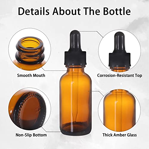 48 Pack 1oz Amber Glass Bottles with Glass Eye Droppers for Essential Oils, Perfumes & Lab Chemicals (Brush, Funnels, 2 Extra Droppers, 54 Pieces Labels & 30ml Measuring Cup Included) - color: Amber-48pack