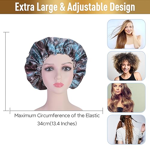 Fishent Shower Cap, Large Shower Caps for Women Reusable Double Layer Waterproof, Adjustable Extra Large Shower Cap for Long Hair and Braids（Cyan Print) - color: Cyan print, size: X-Large