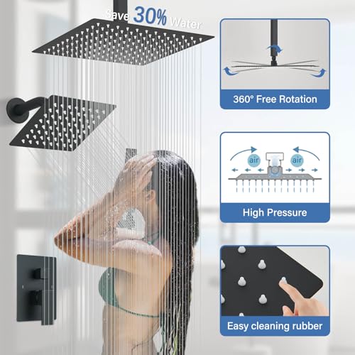 Shower Faucet Matte Black Shower System with 12" Celing+6" Wall Dual Rain Shower Head with Handheld Spray,Bathroom Luxury Brass Shower Valve with Shower Diverter Kit Shower Faucet Set Complete - color: Matte Black, size: Matte Black-12+6"