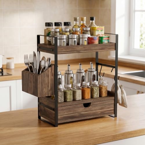 Kottwca 2-Tier Bathroom Counter Organizer with Drawer, Basket & Hooks, Wooden Vanity Shelf for Skincare, Perfume & Makeup Storage(Dark Brown) - color: Dark Brown