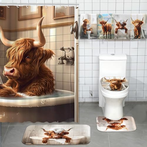 FuWeave 8 Pcs Highland Cattle Shower Curtain Sets for Bathroom Funny Highland Cattle Shower Curtain Sets with Rugs and Cow Towels, Include Non-Slip Rug, Toilet Lid Cover, Bath Mat and 12 Hooks - color: Highland Cattle