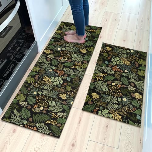 Black Green Botanical Kitchen Mats for Floor 2 PCS Natural Fern Plant Kitchen Rug Set 17"x47"+17"x30", Vintage Leaf Dark Non Slip Washable Runner Rug Set for Sink Laundry Hallway Decor - color: Black Green Botanical
