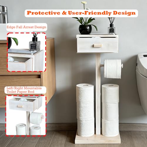 Freestanding Bathroom Toilet Paper Holder Stand with Shelf, Bamboo Toilet Paper Roll Holder with Wet Wipes Storage Drawer(Vintage White) - color: White