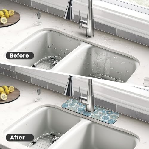 Mandala Boho Blue Flower 15" X 5.5" Kitchen Sink Splash Guard Faucet Faucet Guard Draining Mat Sink Splash Guard Faucet Kitchen Bathroom - color: Mandala Boho Blue Flower