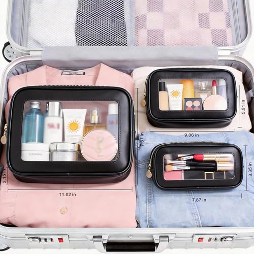 3-Piece Travel Clear Makeup Bag Set, Small Large Clear Cosemetic Bag with Makeup Brush Bag Waterproof Makeup Pouch with Zipper Toiletry Bags For Traveling Car Accessories for Women (Black Set) - color: Black Set