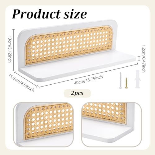 PH PandaHall 2 Sets Boho Rattan Floating Shelves Rattan Wall Shelf, White Wood Boho Shelf Decor Floating Book Shelves for Bathroom Kitchen Bedroom Living Room Classroom, Plant Figurines Display