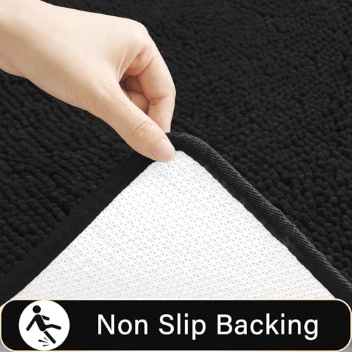LOCHAS Bathroom Rugs Sets 2 Piece, Soft Non Slip Bath Mat Set, 20''x20'' U-Shaped Toilet Rug and 34''x21'' Black Bath Rugs, Washable Absorbent Chenille Toilet Rug Set for Bathroom, Shower, Sink - color: Black