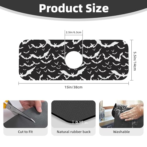 Bats Halloween Goth Silhouettes Black White 15" X 5.5" Kitchen Sink Splash Guard Faucet Faucet Guard Draining Mat Sink Splash Guard Faucet Kitchen Bathroom - color: Bats Halloween Goth Silhouettes Black White