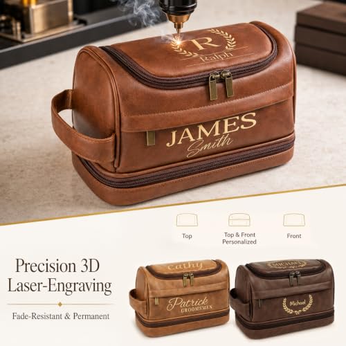 Personalized Toiletry Bag for Men, Custom Toiletries Bag Gifts for Men, Him, Birthday, Anniversary, Graduation, Groomsmen, Dad, Husband, Boyfriend, Leather Engraved Travel Cosmetic Shaving Hygiene Bag - color: Brown