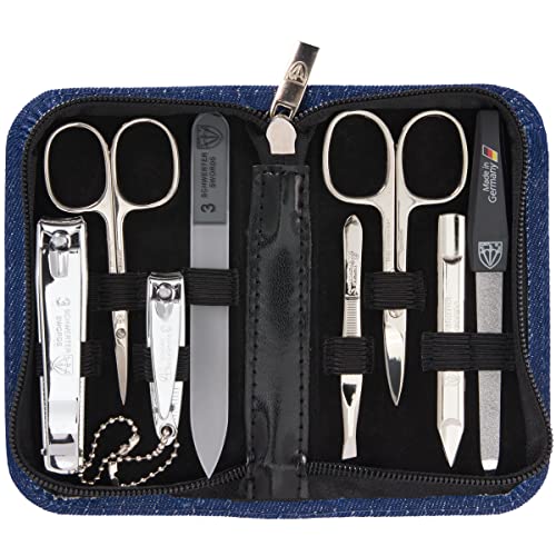 3 Swords Germany - brand quality 8 piece manicure pedicure grooming kit set textil case jeans blue - Made in Germany - color: JEANSLOOK - BLUE