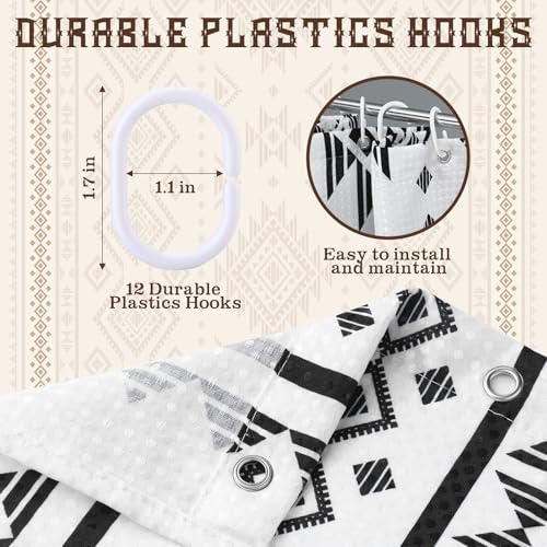 HunnmingRe Western Shower Curtain Waffle Southwest Aztec Geometric Stripes Fabric Shower Curtain Set with Hooks for Bathroom 72 x 72 Inches Farmhouse Boho Bath Curtains(Black) - color: Black