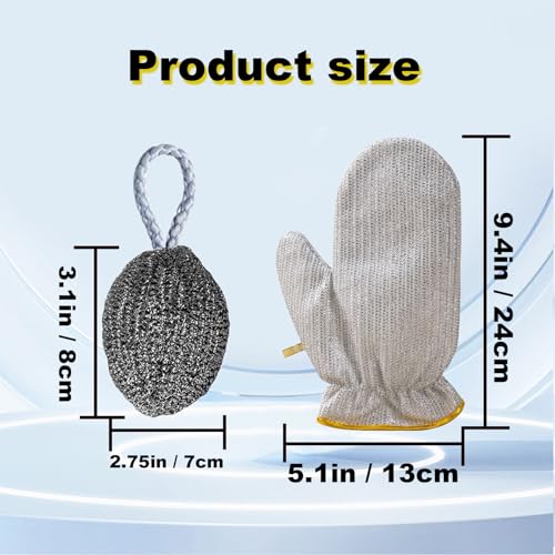 2PCS Dishwashing Gloves Silver and 2PCS Stainless Steel Melon Shape Steel Wire Ball(white/gray rope) - color: White