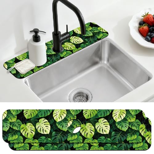 2 Pcs Kitchen Sink Splash Guard Faucet Mat Monstera Leaves Pattern Faucet Mat for Sinks Absorbing Drying Mats for Kitchen Bathroom - color: Monstera Leaves