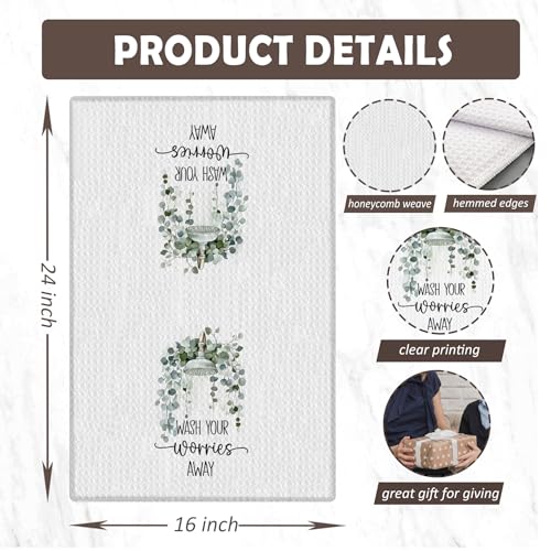 Sage Green Eucalyptus Leaves Bathroom Hand Towels, Wash Your Worries Away Botanical Funny Hand Towels for Bathroom Washroom Restroom Toilet Decor, 16x24 Inches - color: Wash Bathroom a