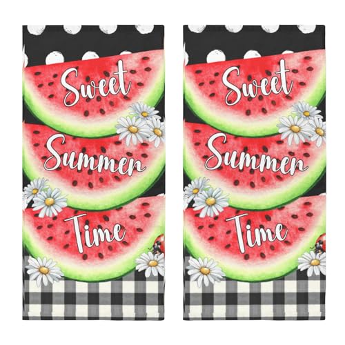 Summer Watermelon Hand Towels for Bathroom 14.4x28.3 Inch Set of 2 | Black Checkered ，Polyester Cotton，Soft，Breathable，Skin-Friendly，for Holiday Kitchen Hotel Swimming Gym Spa Decor - color: Red Black